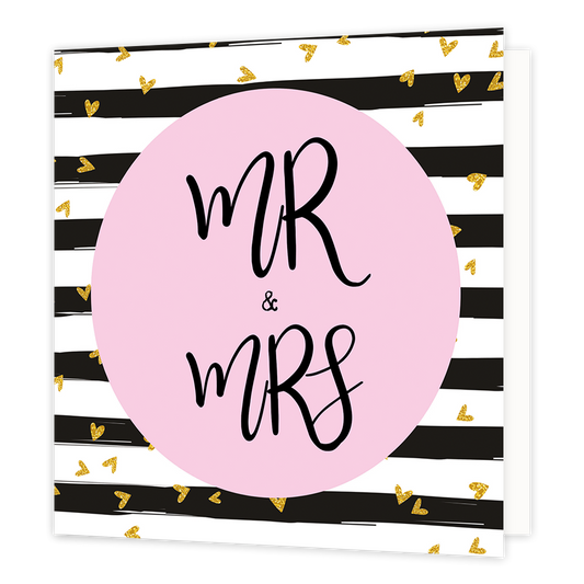 Mr & Mrs - Formaat: Normaal - Vorm: Vierkant - Huwelijkskaart - Op deze wenskaart staan zwarte en witte lijnen met kleine gouden hartjes. In het midden staat een roze cirkel met de tekst: "MR & MRS". - Snelwenskaart