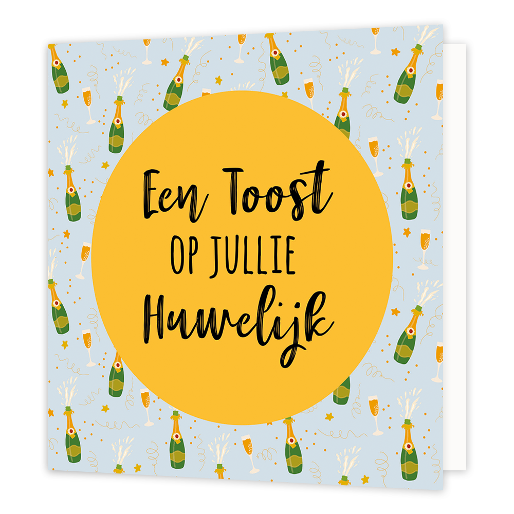Een toost op jullie huwelijk - Formaat: Normaal - Vorm: Vierkant - Huwelijkskaart - Op deze wenskaart staan champagneflessen en champagneglaze. In het midden staat een gele cirkel met de tekst: "Een toost op jullie huwelijk". - Snelwenskaart