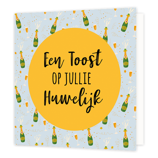 Een toost op jullie huwelijk - Formaat: Normaal - Vorm: Vierkant - Huwelijkskaart - Op deze wenskaart staan champagneflessen en champagneglaze. In het midden staat een gele cirkel met de tekst: "Een toost op jullie huwelijk". - Snelwenskaart