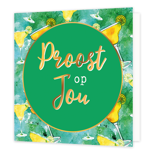 Proost op jou - Formaat: Normaal - Vorm: Vierkant - Proost kaart - Op deze wenskaart staan cocktailglazen met in het midden een groene cirkel met gouden omlijning en de tekst: "Proost op jou". - Snelwenskaart