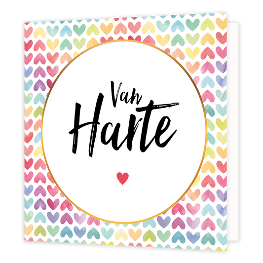 Van harte - Formaat: Normaal - Vorm: Vierkant - Felicitatiekaart - Op deze wenskaart staan hartjes in diverse kleuren met in het midden een witte cirkel met gouden omlijning en de tekst: "Van harte". - Snelwenskaart