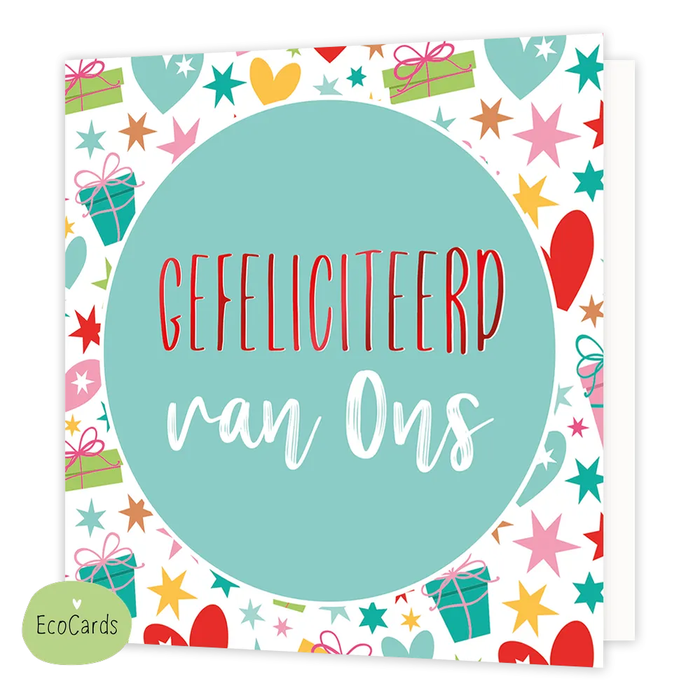Gefeliciteerd van ons - Formaat: Normaal - Vorm: Vierkant - Felicitatiekaart - Op deze wenskaart staan cadeautjes, hartjes en sterren in diverse kleuren. In het midden staat een mintgroene cirkel met de tekst: "Gefeliciteerd met ons". - Snelwenskaart