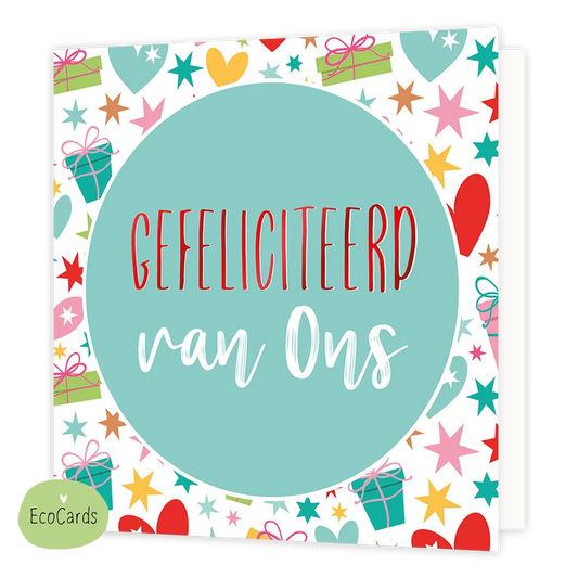 Gefeliciteerd van ons - Afmeting: {"value":14.0,"unit":"CENTIMETERS"} x {"value":14.0,"unit":"CENTIMETERS"} - Formaat: Normaal - Vorm: Vierkant - Felicitatiekaart - Op deze wenskaart staan cadeautjes, hartjes en sterren in diverse kleuren. In het midden staat een mintgroene cirkel met de tekst: "Gefeliciteerd met ons". - Snelwenskaart