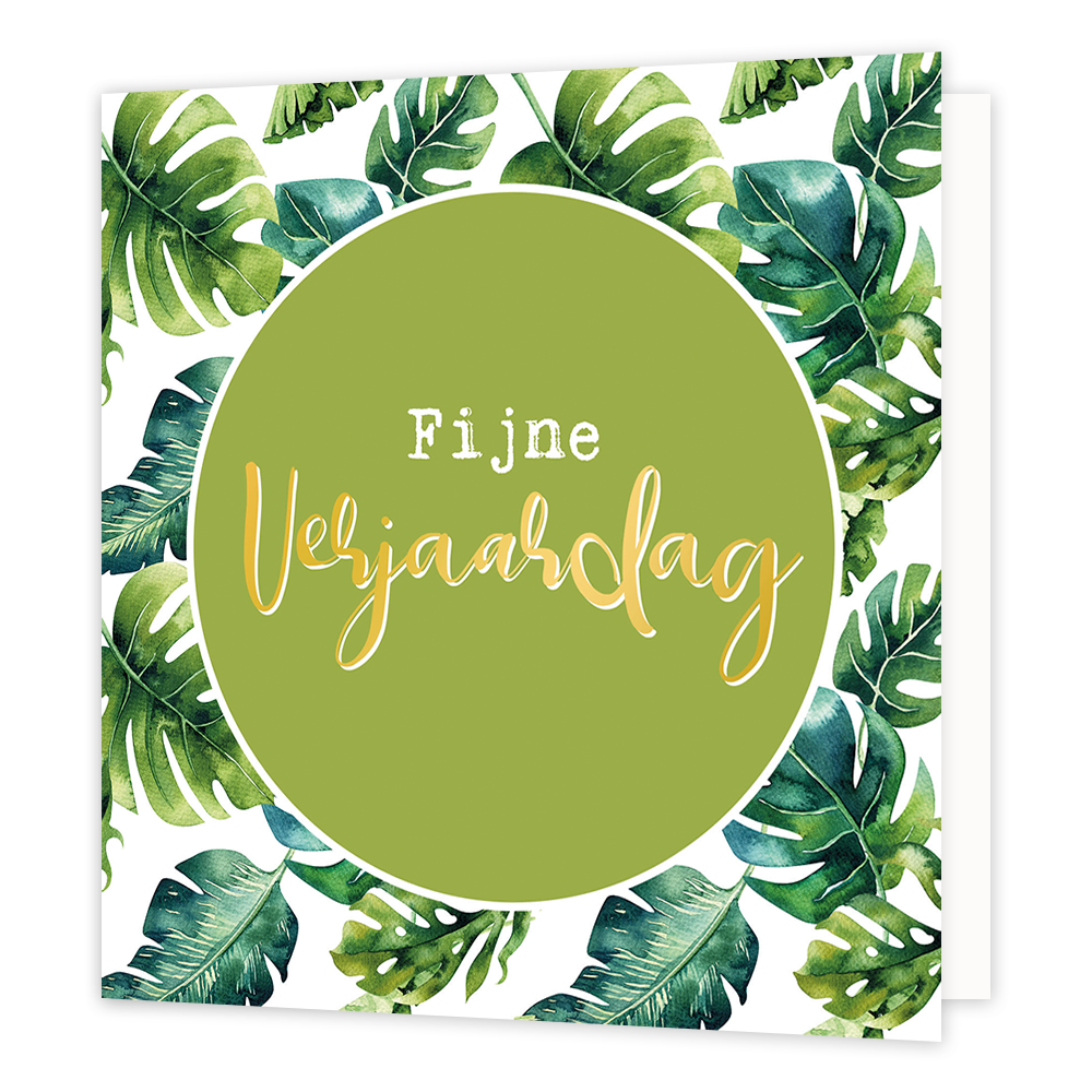 Fijne verjaardag - Formaat: Normaal - Vorm: Vierkant - Verjaardagskaart - Op deze wenskaart staan groene bladeren met in het midden een groene cirkel met de tekst: "Fijne verjaardag". - Snelwenskaart