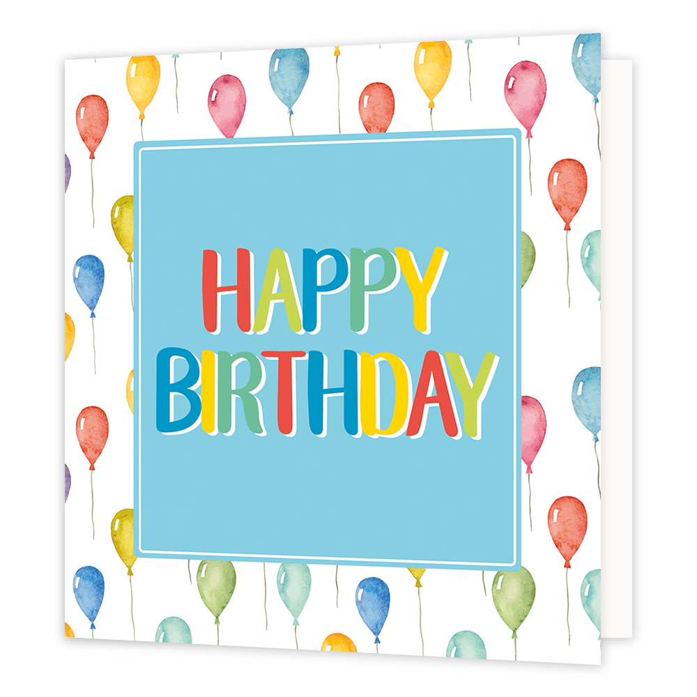 Happy birthday - Formaat: Normaal - Vorm: Vierkant - Verjaardagskaart - Op deze wenskaart staan ballonnen in diverse kleuren met in het midden een blauw vierkant met de tekst: "Happy birthday". - Snelwenskaart