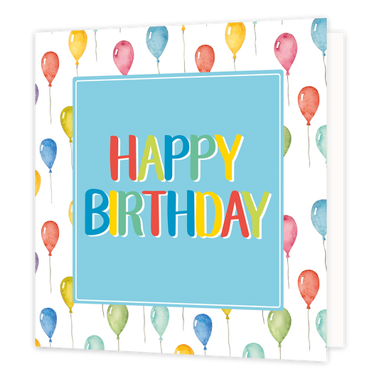 Happy birthday - Formaat: Normaal - Vorm: Vierkant - Verjaardagskaart - Op deze wenskaart staan ballonnen in diverse kleuren met in het midden een blauw vierkant met de tekst: "Happy birthday". - Snelwenskaart