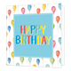 Happy birthday - Formaat: Standaard - Vorm: Vierkant - Verjaardagskaart - Op deze wenskaart staan ballonnen in diverse kleuren met in het midden een blauw vierkant met de tekst: "Happy birthday". - Snelwenskaart
