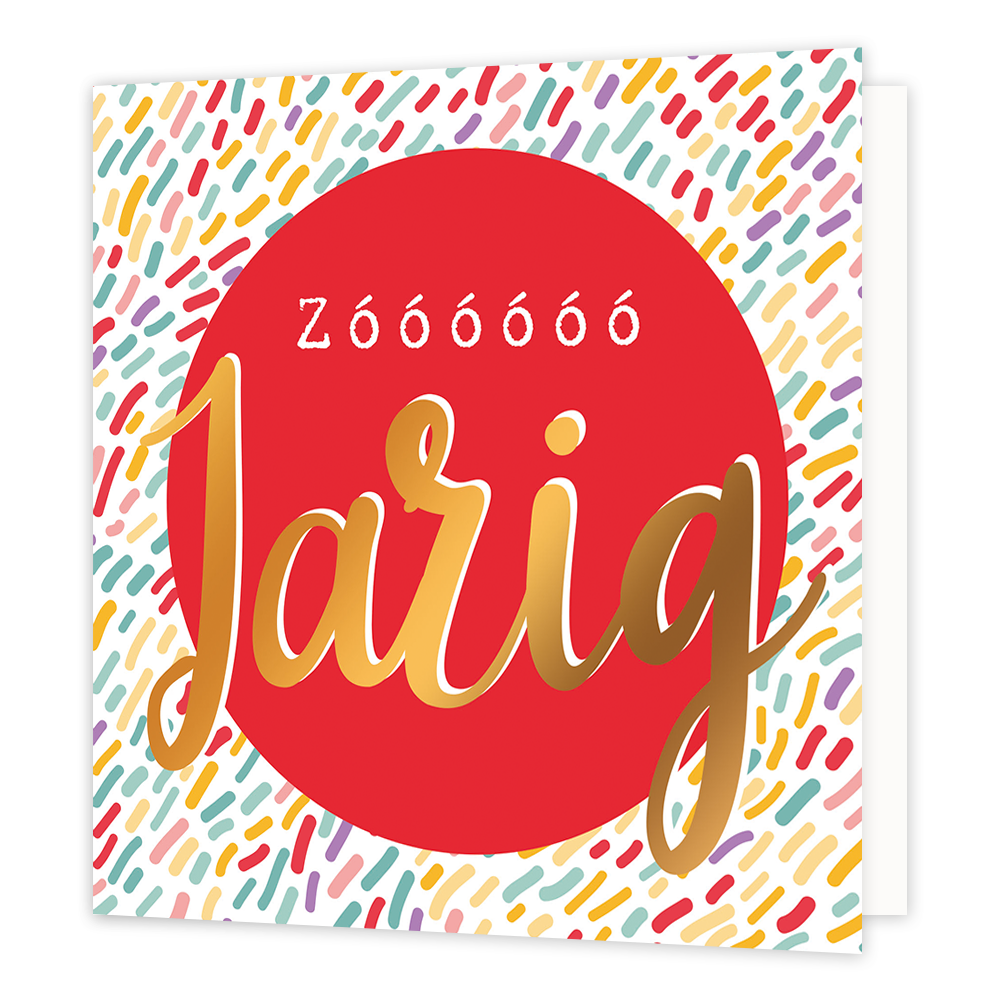 Jarig - Formaat: Normaal - Vorm: Vierkant - Verjaardagskaart - Op deze wenskaart staat confetti in diverse kleuren met in het midden een rode cirkel met de tekst: "Zóóóóóó jarig". - Snelwenskaart