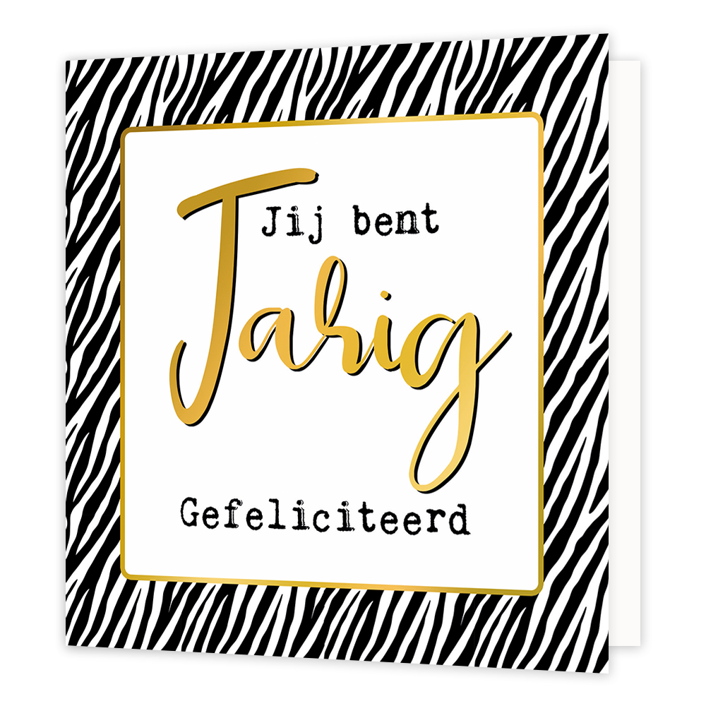 Jij bent jarig - Formaat: Normaal - Vorm: Vierkant - Verjaardagskaart - Op deze wenskaart staan zwarte en witte lijnen met in het midden een witte vierkant met gouden omlijning en de tekst: "Jij bent jarig gefeliciteerd". - Snelwenskaart