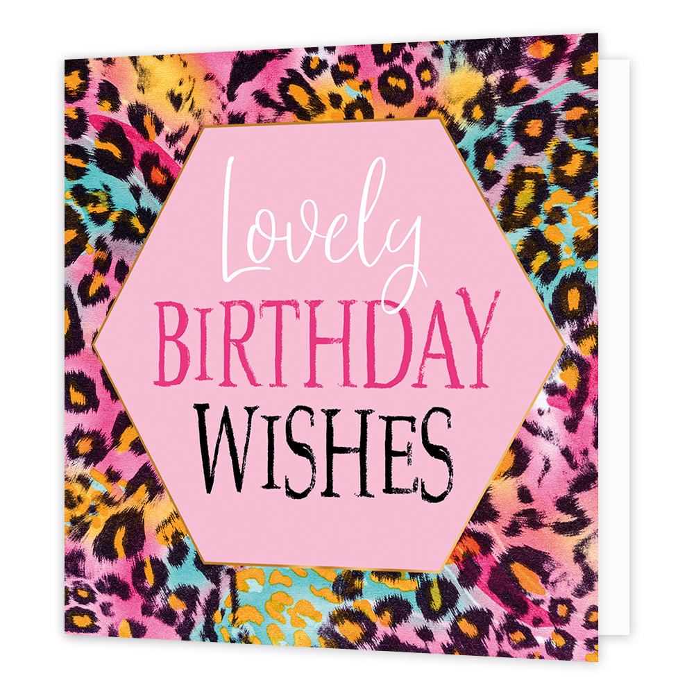 Lovely birthday wishes - Formaat: Normaal - Vorm: Vierkant - Verjaardagskaart - Op deze artistieke wenskaart staat een ontwerp met panterprint en diverse kleuren. In het midden staat een roze zeshoek met gouden omlijning en de tekst: "Lovely birthday wishes". - Snelwenskaart