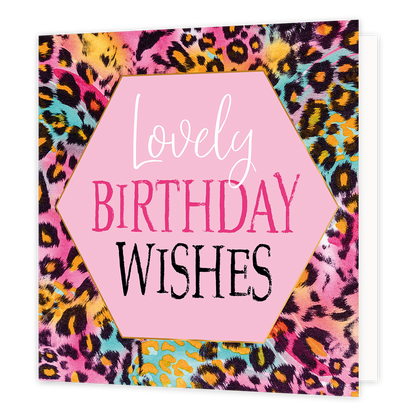 Lovely birthday wishes - Formaat: Normaal - Vorm: Vierkant - Verjaardagskaart - Op deze artistieke wenskaart staat een ontwerp met panterprint en diverse kleuren. In het midden staat een roze zeshoek met gouden omlijning en de tekst: "Lovely birthday wishes". - Snelwenskaart