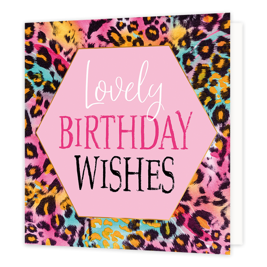 Lovely birthday wishes - Formaat: Normaal - Vorm: Vierkant - Verjaardagskaart - Op deze artistieke wenskaart staat een ontwerp met panterprint en diverse kleuren. In het midden staat een roze zeshoek met gouden omlijning en de tekst: "Lovely birthday wishes". - Snelwenskaart