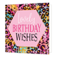 Lovely birthday wishes - Formaat: Standaard - Vorm: Vierkant - Verjaardagskaart - Op deze artistieke wenskaart staat een ontwerp met panterprint en diverse kleuren. In het midden staat een roze zeshoek met gouden omlijning en de tekst: "Lovely birthday wishes". - Snelwenskaart