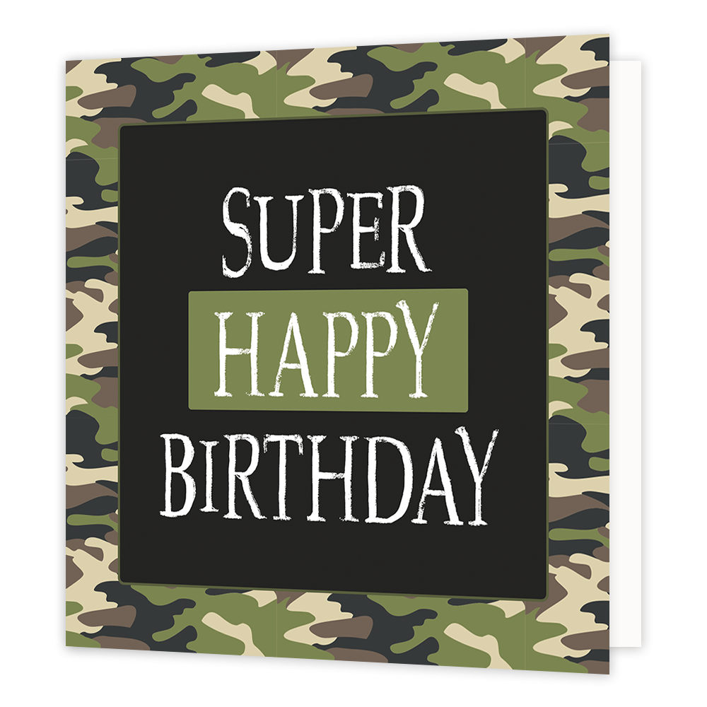 Super happy birthday - Formaat: Normaal - Vorm: Vierkant - Verjaardagskaart - Op deze artistieke wenskaart staat een ontwerp met de kleuren groen, bruin, beige en zwart. In het midden staat een zwarte vierkant met de tekst: "Super happy birthday". - Snelwenskaart