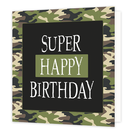 Super happy birthday - Formaat: Normaal - Vorm: Vierkant - Verjaardagskaart - Op deze artistieke wenskaart staat een ontwerp met de kleuren groen, bruin, beige en zwart. In het midden staat een zwarte vierkant met de tekst: "Super happy birthday". - Snelwenskaart