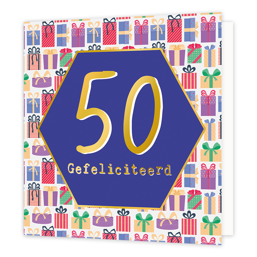 50 gefeliciteerd - Formaat: Normaal - Vorm: Vierkant - Verjaardagskaart - Op deze wenskaart staan cadeautjes in diverse kleuren met in het midden een paarse zeshoek met gouden omlijning en de tekst: "50 gefeliciteerd". - Snelwenskaart