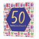 50 gefeliciteerd - Formaat: Standaard - Vorm: Vierkant - Verjaardagskaart - Op deze wenskaart staan cadeautjes in diverse kleuren met in het midden een paarse zeshoek met gouden omlijning en de tekst: "50 gefeliciteerd". - Snelwenskaart