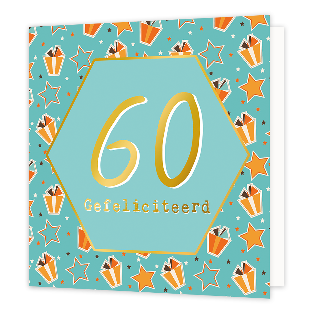 60 gefeliciteerd - Formaat: Normaal - Vorm: Vierkant - Verjaardagskaart - Op deze wenskaart staan cadeautjes en sterren met in het midden een mintgroene zeshoek met gouden omlijning en de tekst: "60 gefeliciteerd". - Snelwenskaart