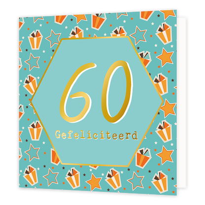 60 gefeliciteerd - Formaat: Normaal - Vorm: Vierkant - Verjaardagskaart - Op deze wenskaart staan cadeautjes en sterren met in het midden een mintgroene zeshoek met gouden omlijning en de tekst: "60 gefeliciteerd". - Snelwenskaart
