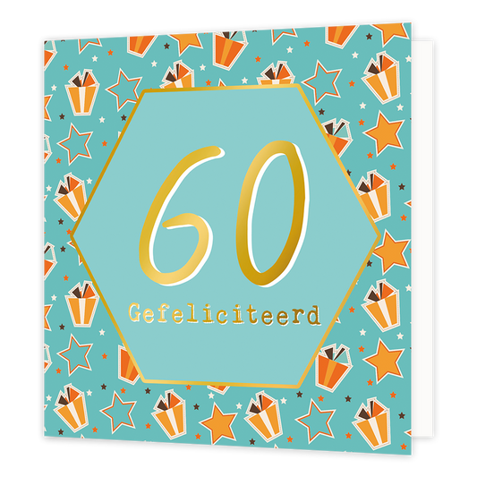 60 gefeliciteerd - Formaat: Normaal - Vorm: Vierkant - Verjaardagskaart - Op deze wenskaart staan cadeautjes en sterren met in het midden een mintgroene zeshoek met gouden omlijning en de tekst: "60 gefeliciteerd". - Snelwenskaart