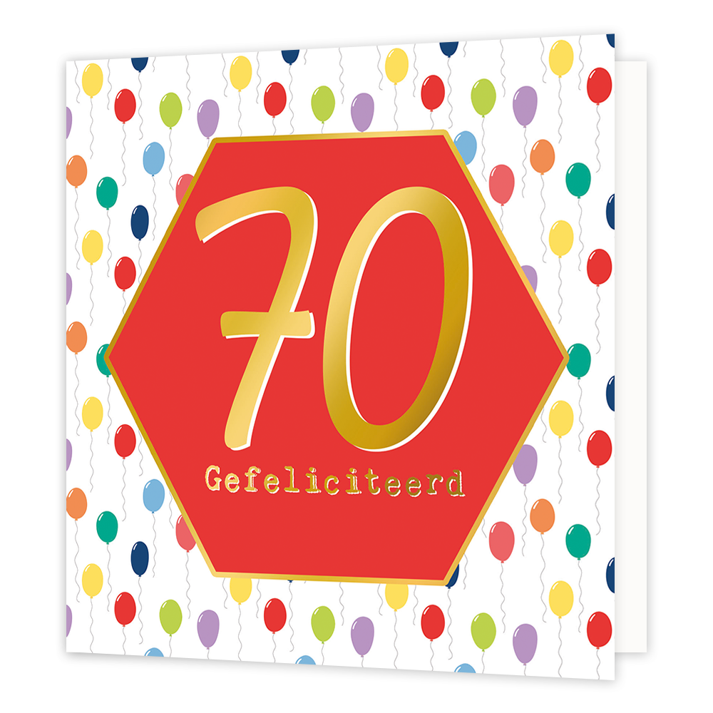 70 gefeliciteerd - Formaat: Normaal - Vorm: Vierkant - Verjaardagskaart - Op deze wenskaart staan ballonnen in diverse kleuren met in het midden een rode zeshoek met gouden omlijning en de tekst: "70 gefeliciteerd". - Snelwenskaart