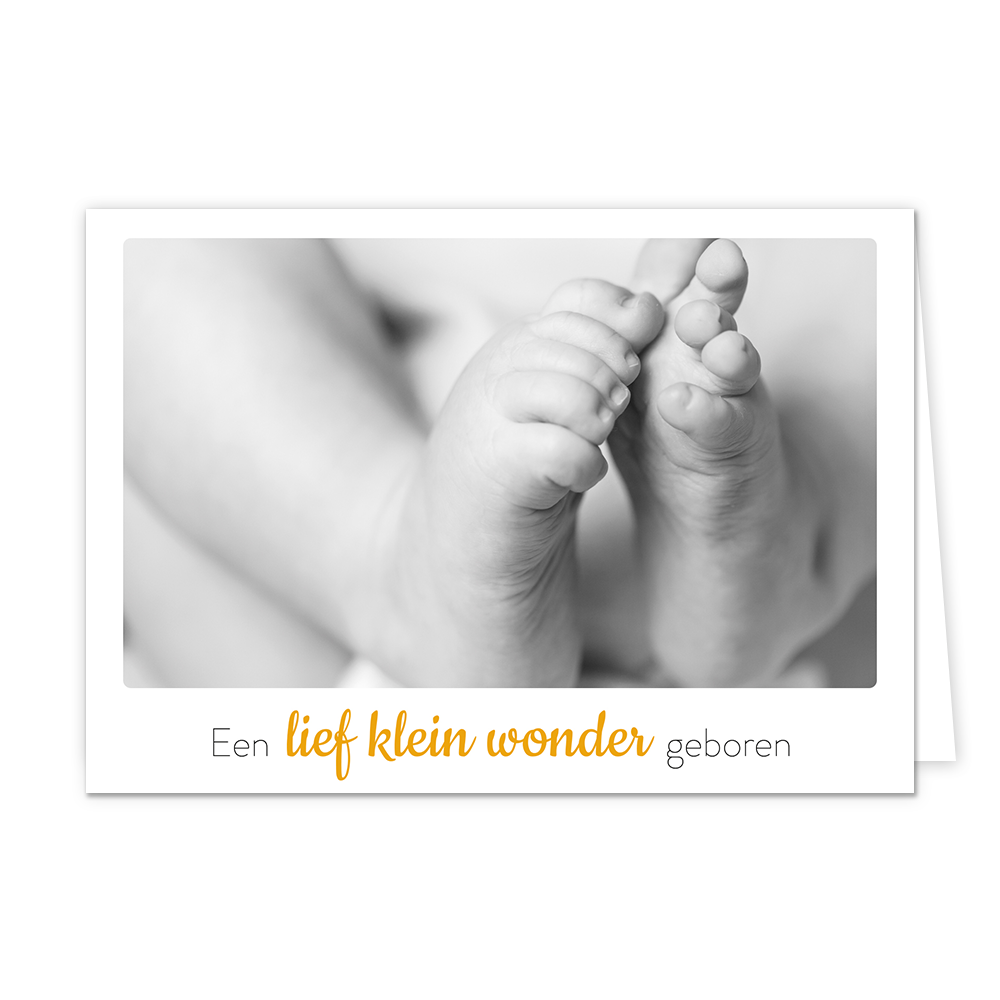 Een lief klein wonder geboren - Formaat: Klein - Vorm: Liggend - Geboortekaart - Op deze wenskaart staan kindervoetjes met daaronder de tekst: "Een lief klein wonder geboren". - Snelwenskaart