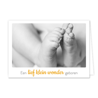 Een lief klein wonder geboren - Formaat: Klein - Vorm: Liggend - Geboortekaart - Op deze wenskaart staan kindervoetjes met daaronder de tekst: "Een lief klein wonder geboren". - Snelwenskaart