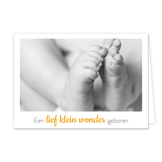 Een lief klein wonder geboren - Formaat: Klein - Vorm: Liggend - Geboortekaart - Op deze wenskaart staan kindervoetjes met daaronder de tekst: "Een lief klein wonder geboren". - Snelwenskaart