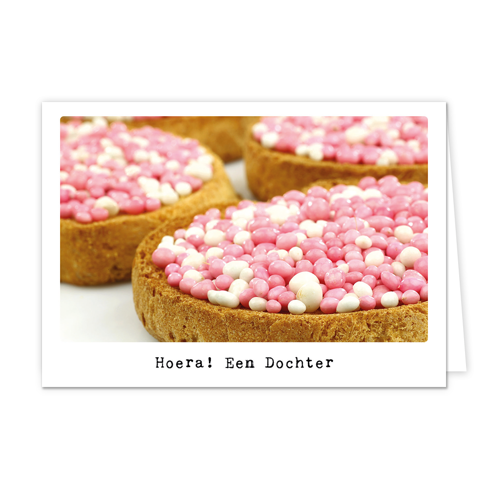 Hoera! Een dochter - Formaat: Klein - Vorm: Liggend - Geboortekaart - Op deze wenskaart staan beschuit met roze muisjes met daaronder de tekst: "Hoera! Een dochter". - Snelwenskaart