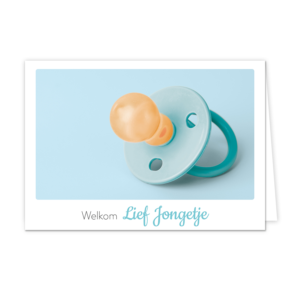 Welkom lief jongetje - Formaat: Klein - Vorm: Liggend - Geboortekaart - Op deze wenskaart staat een blauw speentje met daaronder de tekst: "Welkom lief jongetje". - Snelwenskaart