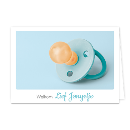 Welkom lief jongetje - Formaat: Klein - Vorm: Liggend - Geboortekaart - Op deze wenskaart staat een blauw speentje met daaronder de tekst: "Welkom lief jongetje". - Snelwenskaart