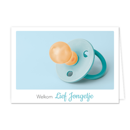 Welkom lief jongetje - Formaat: Klein - Vorm: Liggend - Geboortekaart - Op deze wenskaart staat een blauw speentje met daaronder de tekst: "Welkom lief jongetje". - Snelwenskaart