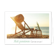 Met pensioen - Formaat: Klein - Vorm: Liggend - Pensioenkaart - Op deze wenskaart staat een strandstoel met op de achtergrond de zee. Onder de illustratie staat de tekst: "Met pensioen geniet ervan!". - Snelwenskaart