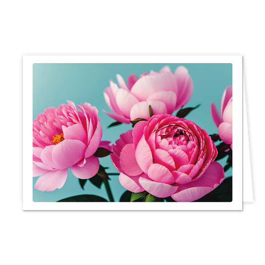 Roze bloemen - Formaat: Klein - Vorm: Liggend - Blanco kaart - Op deze wenskaart staan roze pioenen op een blauwe achtergrond. - Snelwenskaart