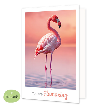 You are flamazing - Formaat: Klein - Vorm: Staand - Complimentenkaart - Op deze wenskaart staat een roze flamingo die in het water staat. Onder de illustratie staat de tekst: "You are flamazing". - Snelwenskaart