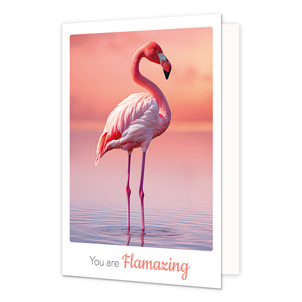 You are flamazing - Formaat: Klein - Vorm: Staand - Complimentenkaart - Op deze wenskaart staat een roze flamingo die in het water staat. Onder de illustratie staat de tekst: "You are flamazing". - Snelwenskaart