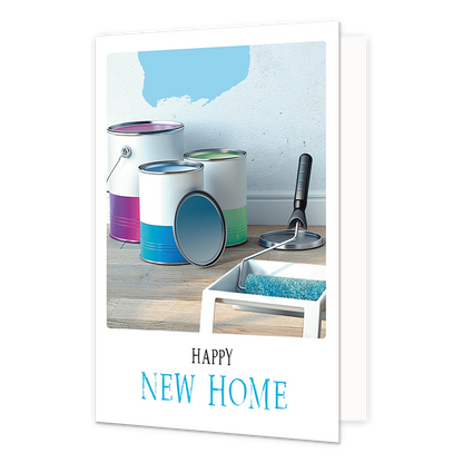 Happy new home - Formaat: Klein - Vorm: Staand - Woningkaart - Op deze wenskaart staan potten verf en een verfroller. Onder de illustratie staat de tekst: "Happy new home". - Snelwenskaart