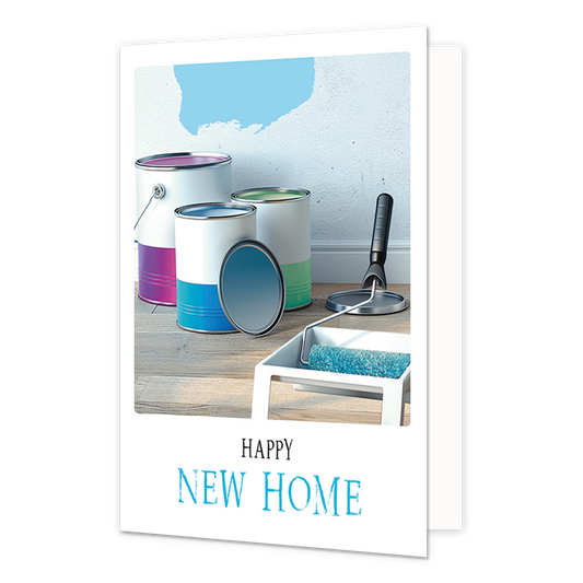 Happy new home - Formaat: Klein - Vorm: Staand - Woningkaart - Op deze wenskaart staan potten verf en een verfroller. Onder de illustratie staat de tekst: "Happy new home". - Snelwenskaart