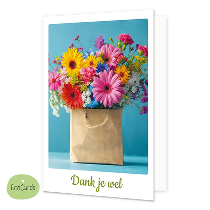 Dankjewel - Formaat: Klein - Vorm: Staand - Bedankkaart - Op deze wenskaart staat een papieren tas waar een bos bloemen uit komt. Onder de illustratie staat de tekst: "Dank je wel". - Snelwenskaart