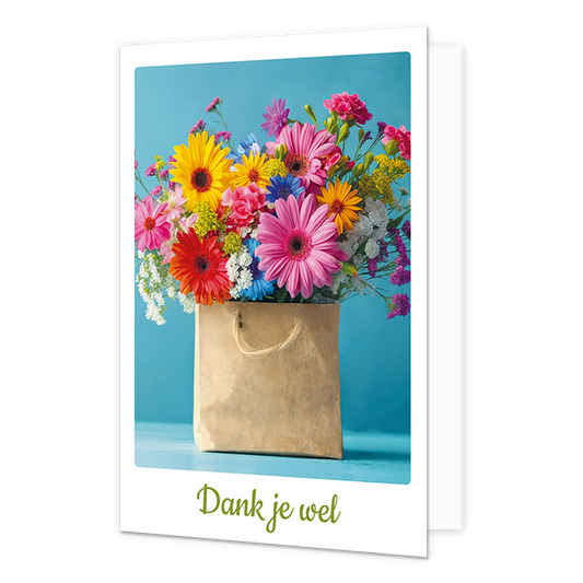 Dankjewel - Formaat: Klein - Vorm: Staand - Bedankkaart - Op deze wenskaart staat een papieren tas waar een bos bloemen uit komt. Onder de illustratie staat de tekst: "Dank je wel". - Snelwenskaart