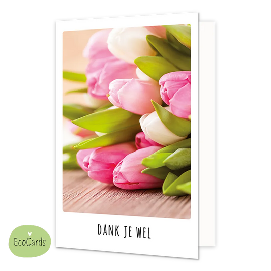Dank je wel - Afmeting: {"value":9.7,"unit":"CENTIMETERS"} x {"value":13.4,"unit":"CENTIMETERS"} - Formaat: Klein - Vorm: Staand - Bedankkaart - Op deze wenskaart staat een boeket tulpen in de kleuren wit en roze. Onder de illustratie staat de tekst: "Dank je wel". - Snelwenskaart