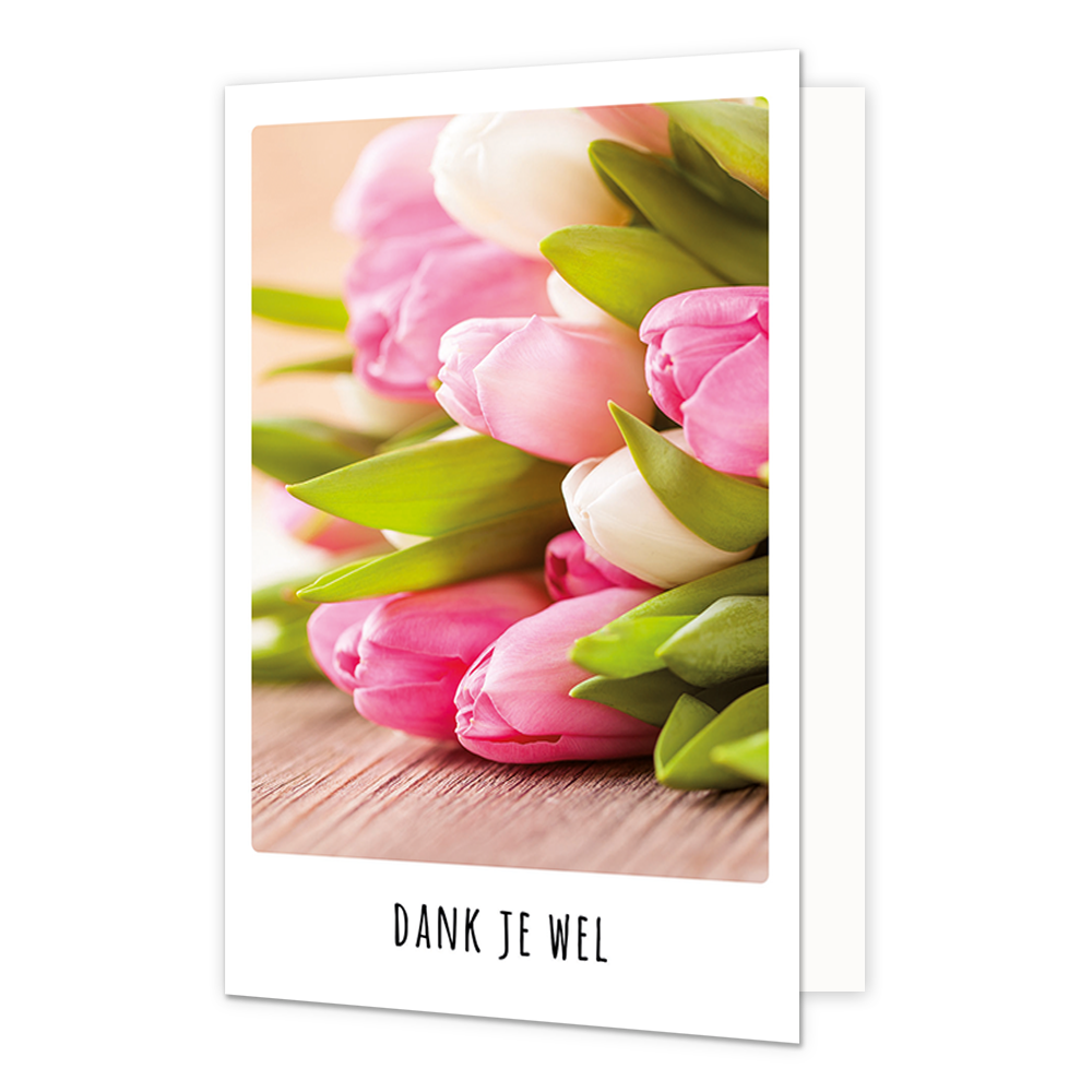 Dank je wel - Formaat: Klein - Vorm: Staand - Bedankkaart - Op deze wenskaart staat een boeket tulpen in de kleuren wit en roze. Onder de illustratie staat de tekst: "Dank je wel". - Snelwenskaart
