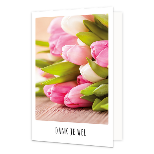 Dank je wel - Formaat: Klein - Vorm: Staand - Bedankkaart - Op deze wenskaart staat een boeket tulpen in de kleuren wit en roze. Onder de illustratie staat de tekst: "Dank je wel". - Snelwenskaart