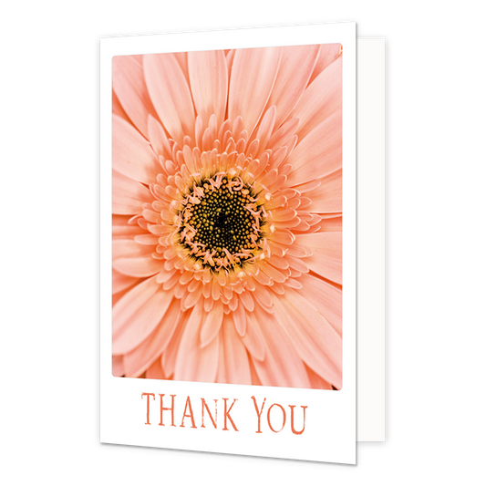Thank you - Formaat: Klein - Vorm: Staand - Bedankkaart - Op deze wenskaart staat een grote oranje bloem met daaronder de tekst: "Thank you". - Snelwenskaart