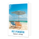 Met pensioen geniet ervan - Formaat: Klein - Vorm: Staand - Pensioenkaart - Op deze wenskaart staan twee strandbedjes met een parasol die uitkijken op de zee. Onder de illustratie staat de tekst: "Met pensioen geniet ervan". - Snelwenskaart