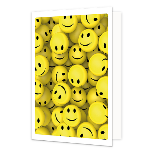 Smileys - Formaat: Klein - Vorm: Staand - Blanco kaart - Op deze wenskaart staan gele smileys. - Snelwenskaart
