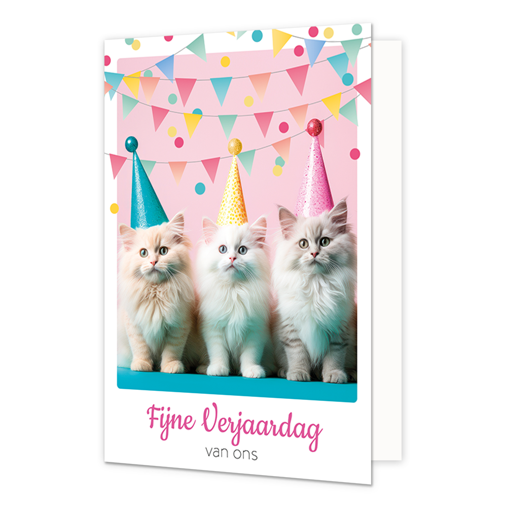 Fijne verjaardag van ons - Formaat: Klein - Vorm: Staand - Verjaardagskaart - Op deze wenskaart staan drie katten met feesthoedjes en slingers op de achtergrond. Onder de illustratie staat de tekst: "Fijne verjaardag van ons". - Snelwenskaart