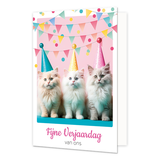 Fijne verjaardag van ons - Formaat: Klein - Vorm: Staand - Verjaardagskaart - Op deze wenskaart staan drie katten met feesthoedjes en slingers op de achtergrond. Onder de illustratie staat de tekst: "Fijne verjaardag van ons". - Snelwenskaart