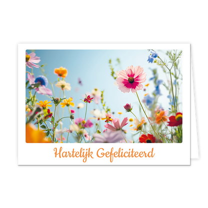 Hartelijk gefeliciteerd - Formaat: Klein - Vorm: Liggend - Felicitatiekaart - Op deze wenskaart staat een bloemenveld met de kleuren roze, blauw, geel, oranje, paars, rood en groen. Onder de illustratie staat de tekst: "Hartelijk gefeliciteerd". - Snelwenskaart