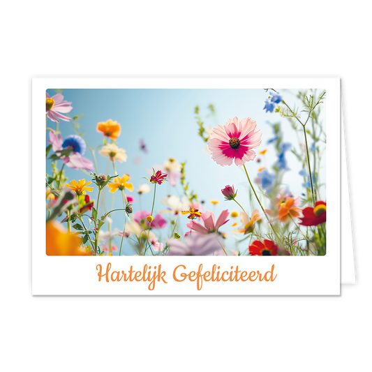 Hartelijk gefeliciteerd - Formaat: Klein - Vorm: Liggend - Felicitatiekaart - Op deze wenskaart staat een bloemenveld met de kleuren roze, blauw, geel, oranje, paars, rood en groen. Onder de illustratie staat de tekst: "Hartelijk gefeliciteerd". - Snelwenskaart